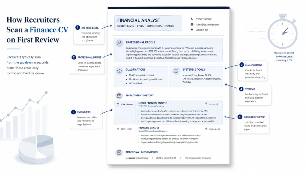 Recruiter scan pattern showing the top areas reviewed first on a finance CV