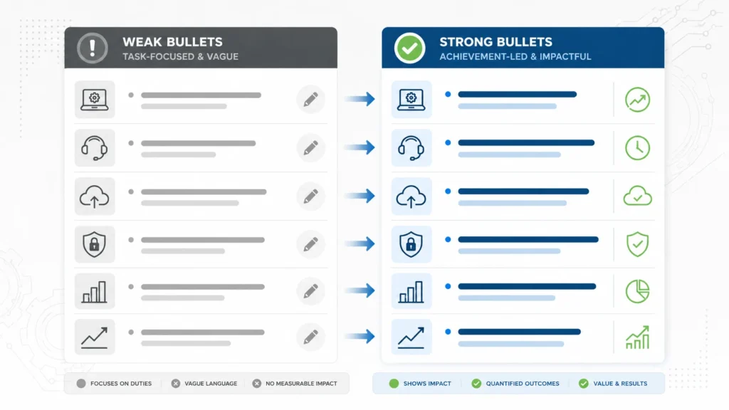 Before and after examples of weak and achievement-led IT CV bullet points