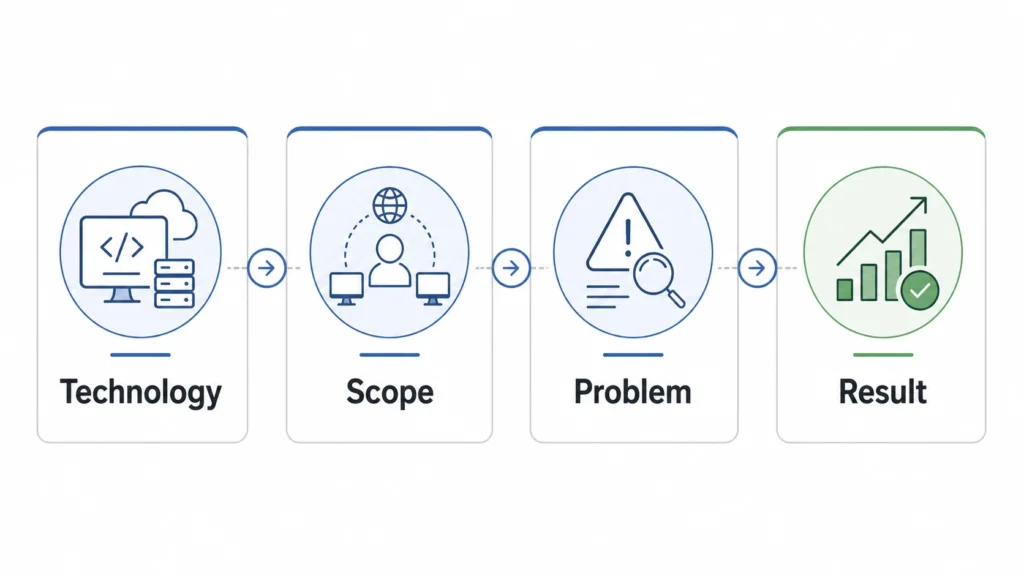 IT CV proof framework showing technology, scope, problem and result