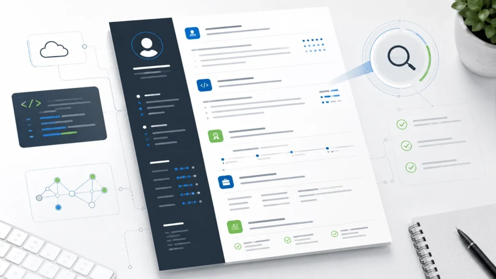 Recruiter scan zones on an IT CV showing profile, technical skills, certifications, role scope and achievements