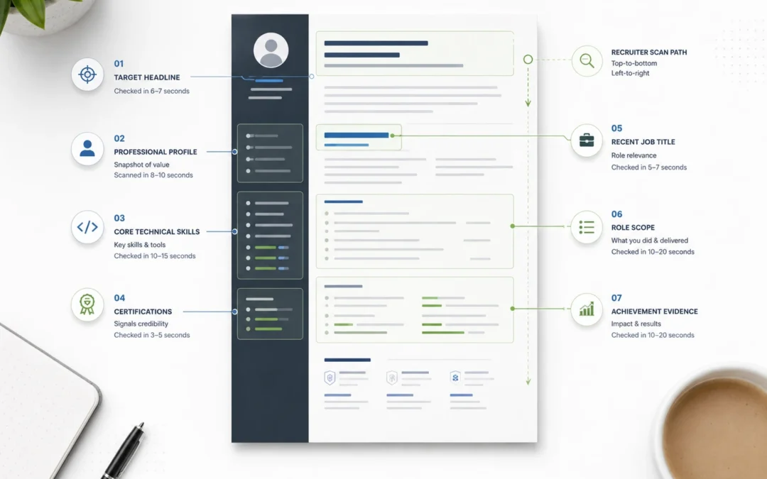 IT CV guide showing technical skills, keywords, recruiter scan areas and achievement-led structure