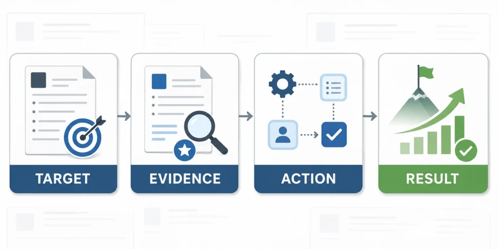 Four-step career change CV formula linking a target requirement to evidence, action and results