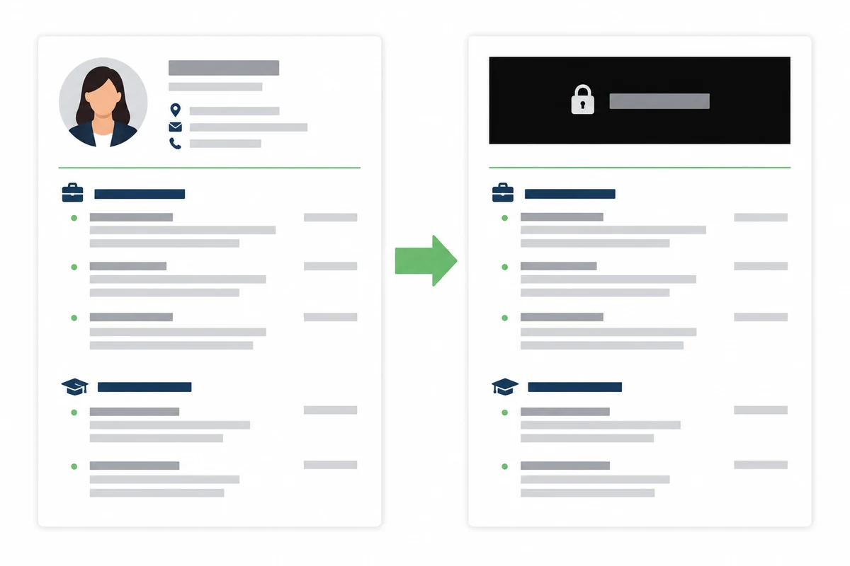 Diagram comparing a standard CV header showing name and photo on the left with an anonymised CV header with identifying details redacted on the right