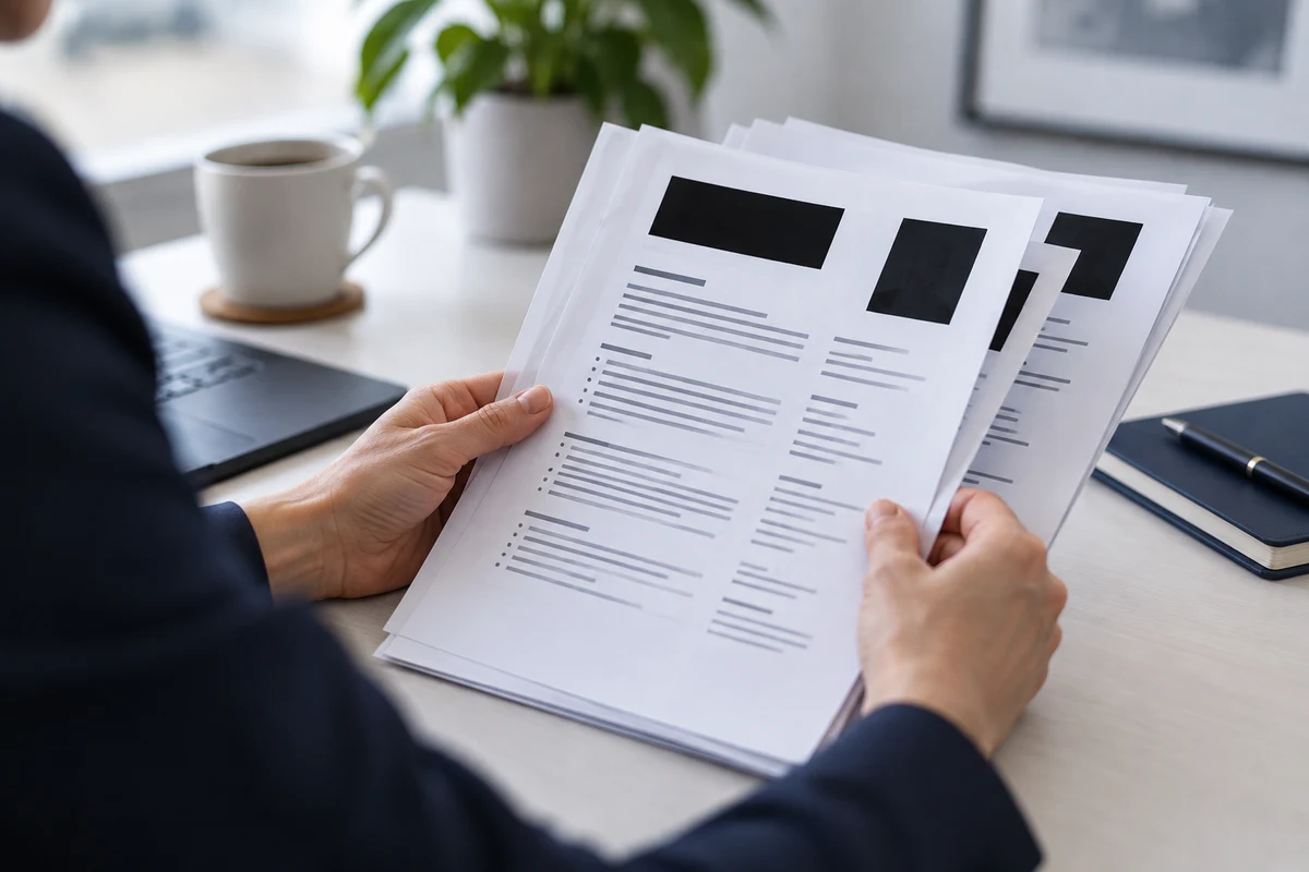 Hiring manager reviewing a stack of anonymised CVs with the name and photo section blacked out for a blind recruitment process