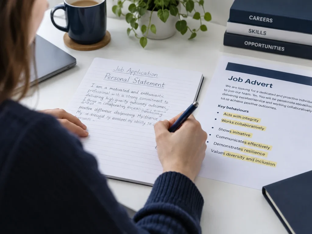 A candidate writing a personal statement by hand, matching examples to behaviour keywords highlighted on a Civil Service job advert