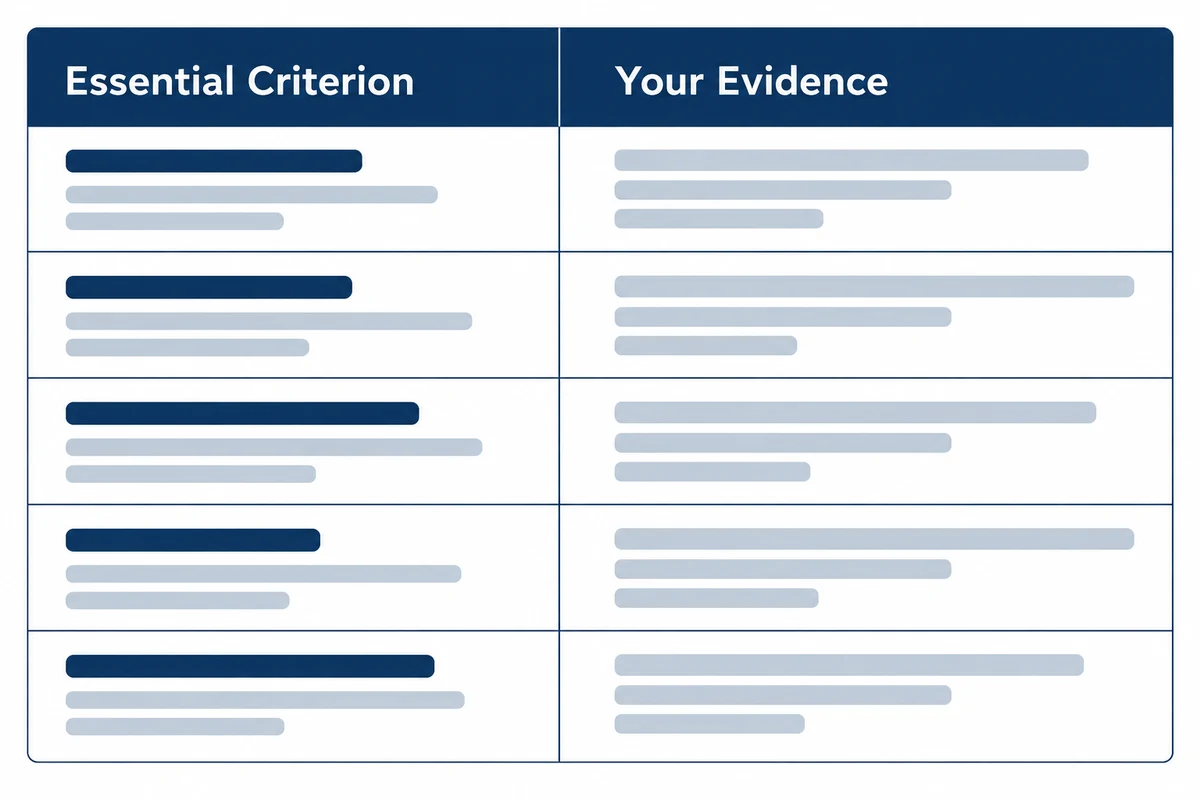 Diagram showing a two-column planning table mapping each essential criterion to a piece of supporting evidence