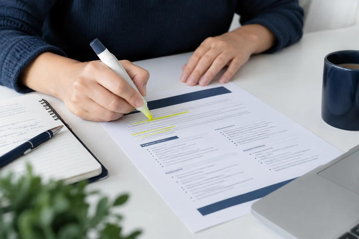 Close-up of a candidate highlighting essential criteria on a printed Civil Service job advert with a highlighter pen
