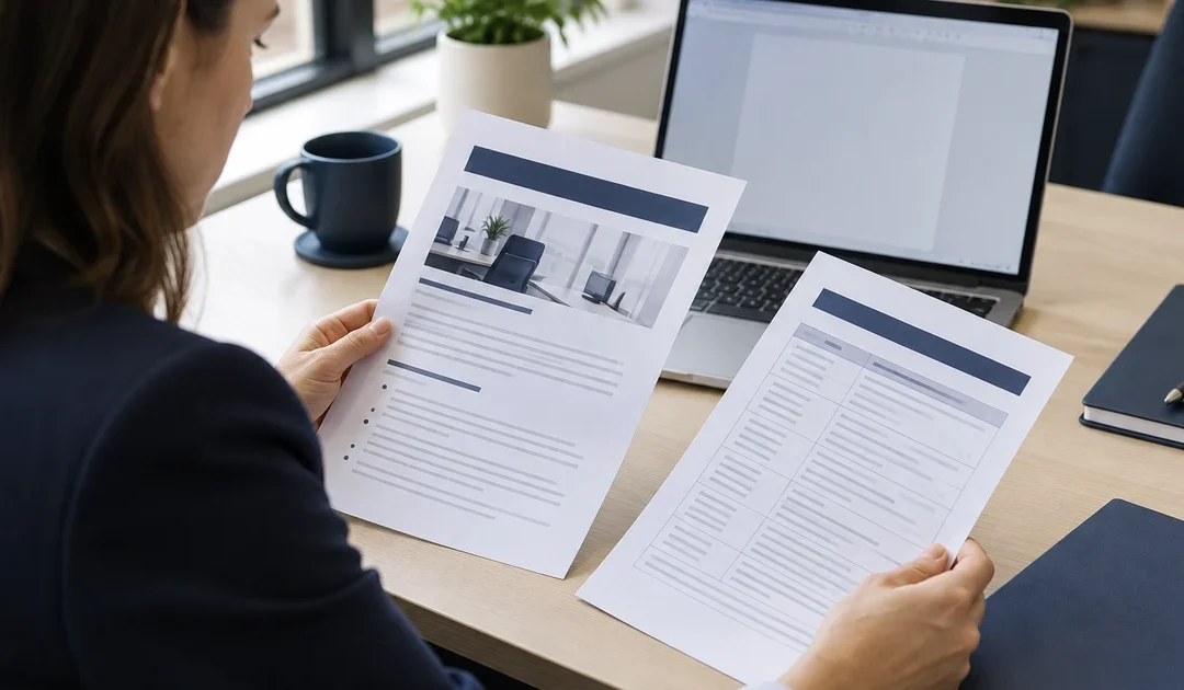 Jobseeker reviewing a Civil Service job advert and person specification alongside a laptop before writing a statement of suitability