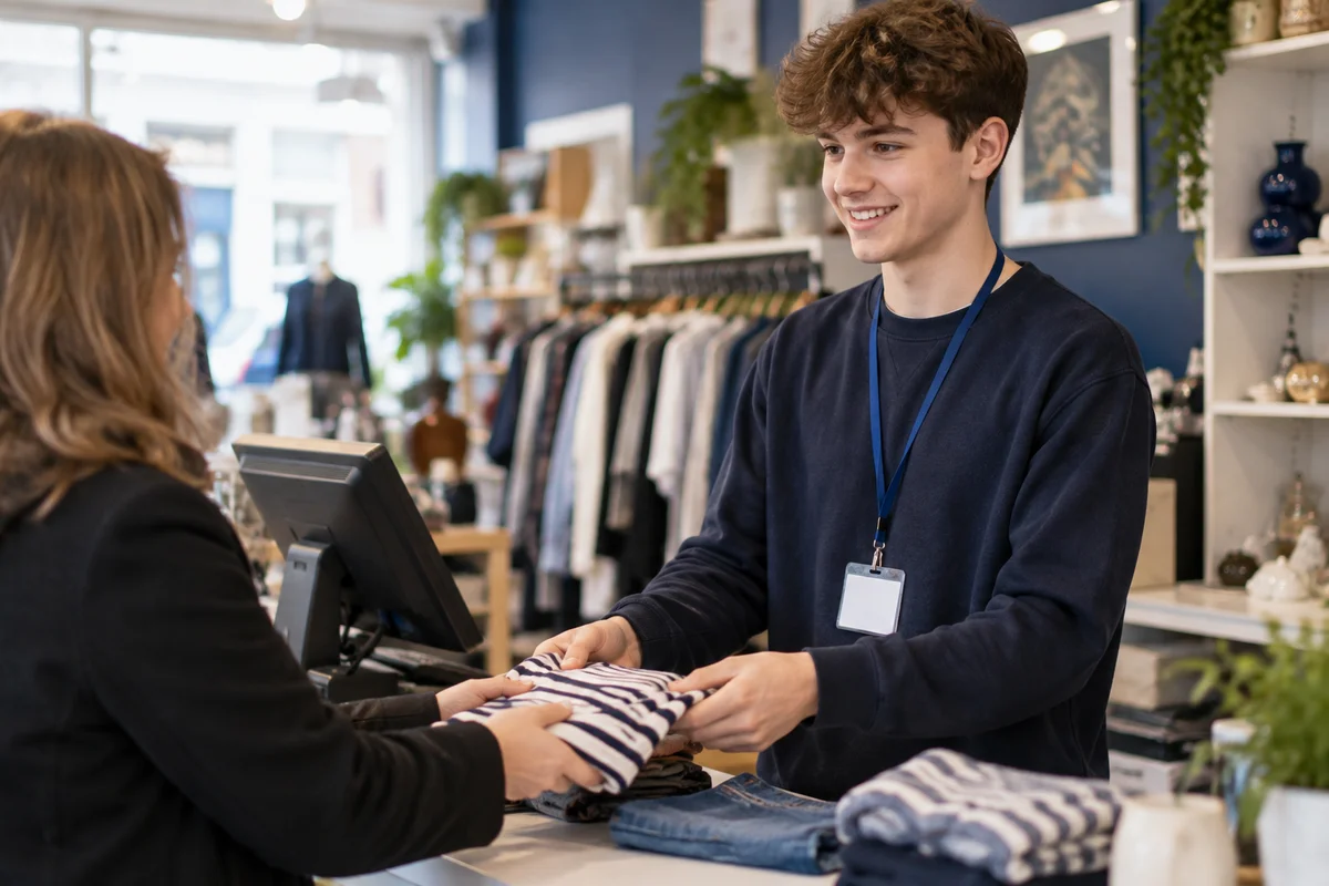 A-level student volunteering at a charity shop till, the kind of informal experience that strengthens a first CV