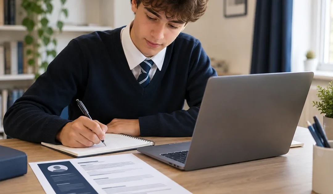 School leaver writing their first CV at a desk with notes, laptop and a Duke of Edinburgh certificate nearby