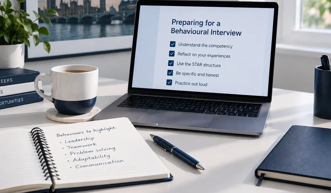 Desk scene with a laptop and notebook listing Civil Service behaviours to highlight in a job application