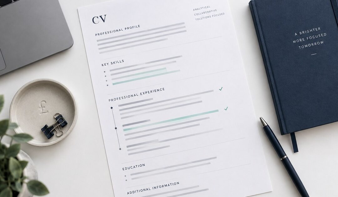 Flat-lay of a CV document with highlighted lines and tick marks, representing finance CV guidance for UK job seekers