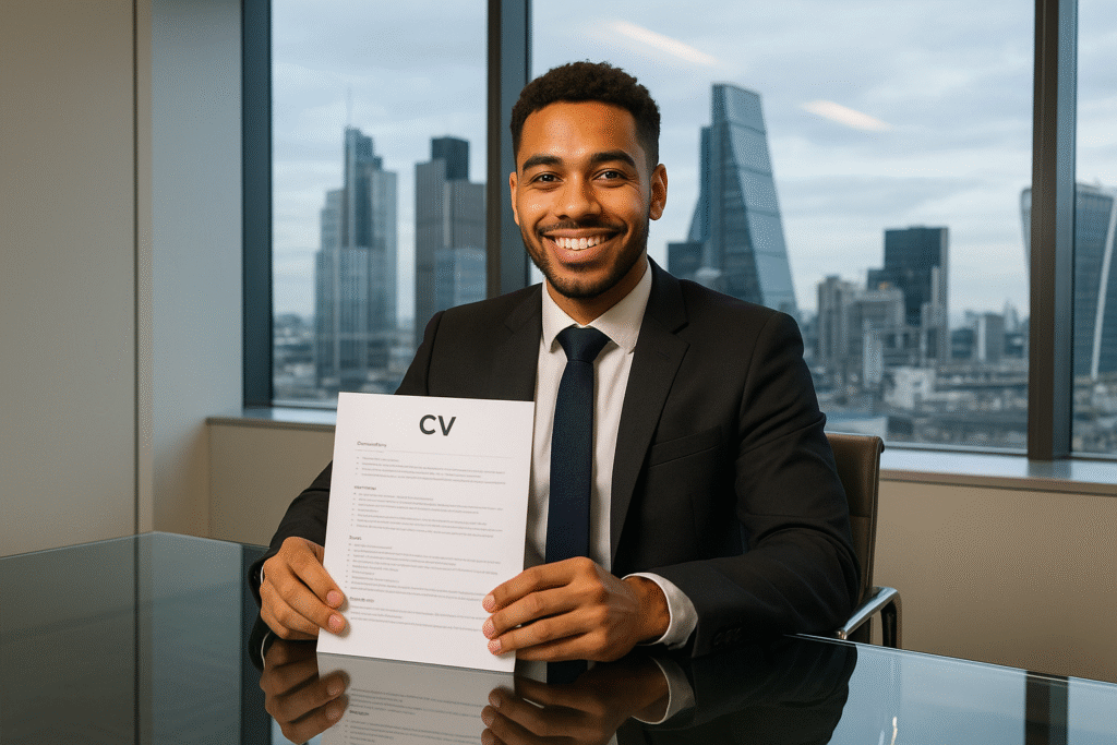 Confident young professional at an interview table with a CV in hand, symbolizing career success through expert CV writing.