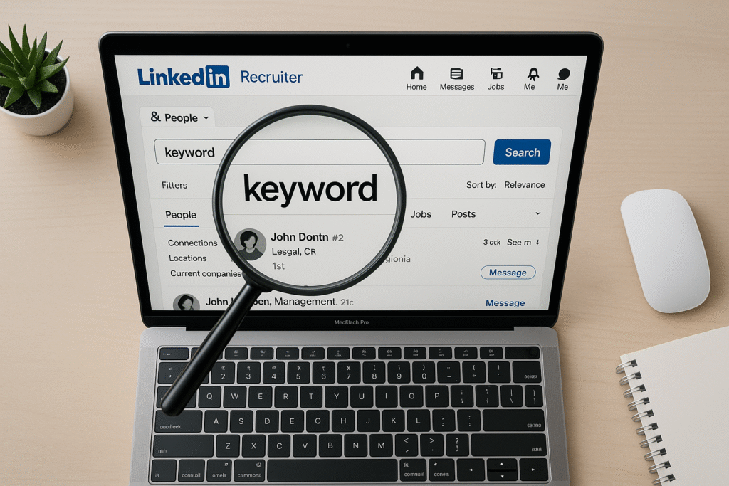 Laptop screen showing LinkedIn keyword search for UK job seekers 2025
