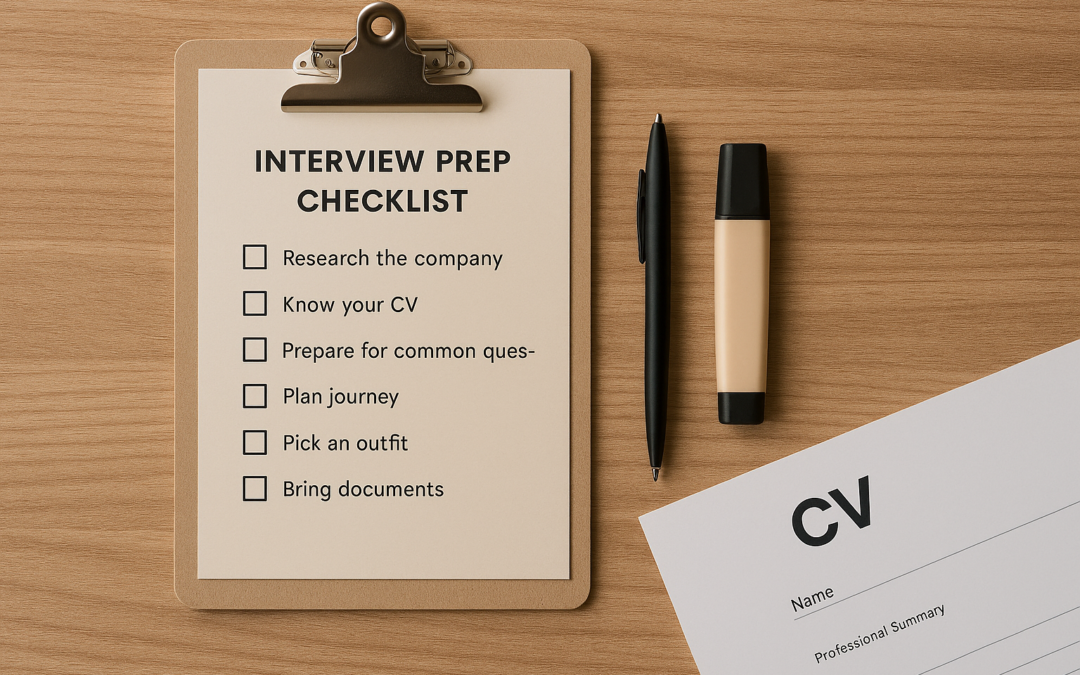 printable UK job interview preparation checklist on a clipboard with pen and highlighter, flat lay on wooden desk with a CV and minimal stationery