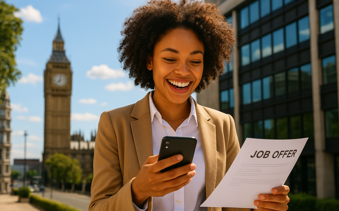 happy young professional reading a job offer email on their phone outside a modern London office building, smiling and dressed smartly in business attire