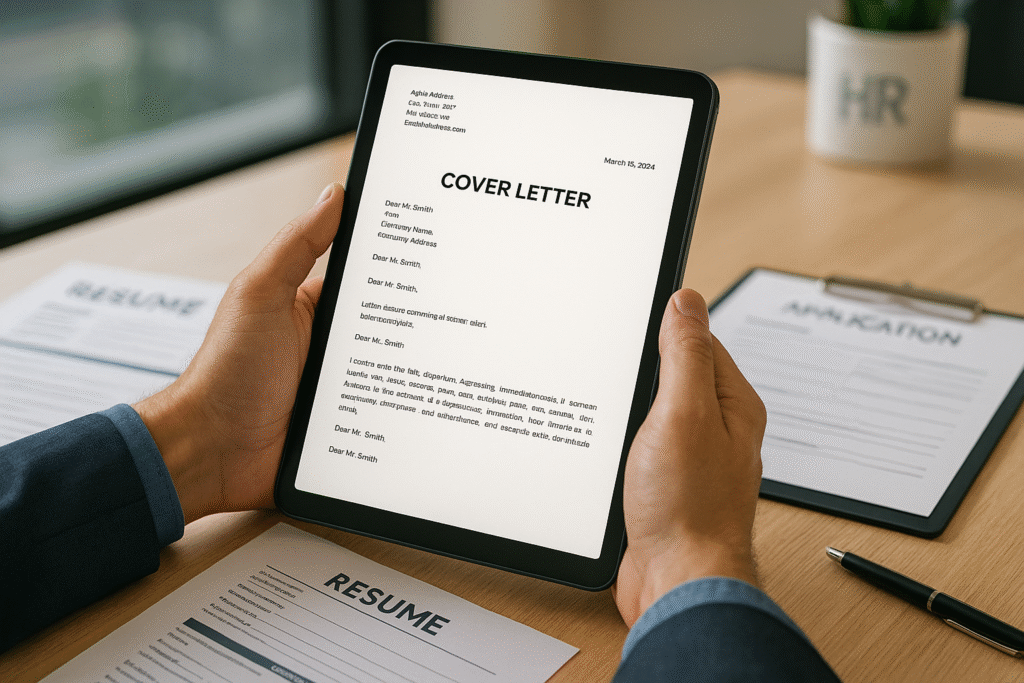 UK recruiter reading cover letter on a tablet