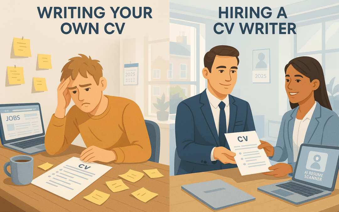 Split-screen illustration showing a UK job seeker struggling with DIY CV writing on one side, and a confident professional receiving a polished CV from a CV writer on the other; 2025 job market theme with modern office background.