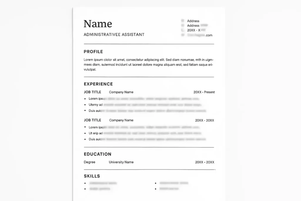 Example of a UK administrative CV layout with profile, skills, and achievements.