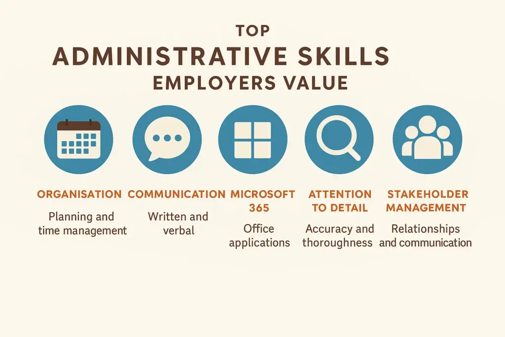 Infographic of essential administrative skills for UK employers.
