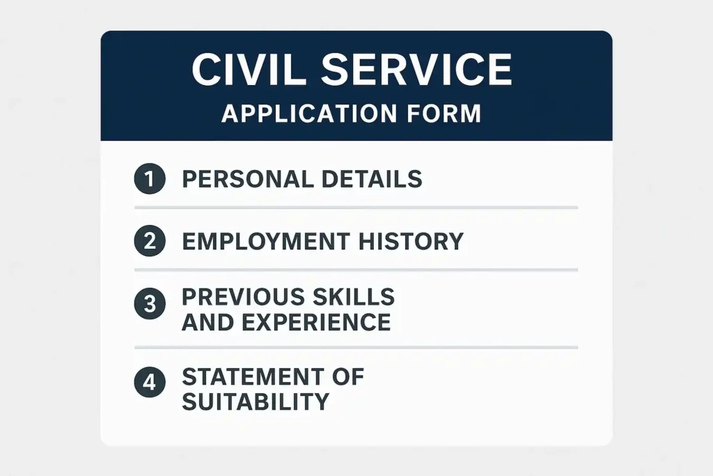 Civil Service application form layout with labelled sections
