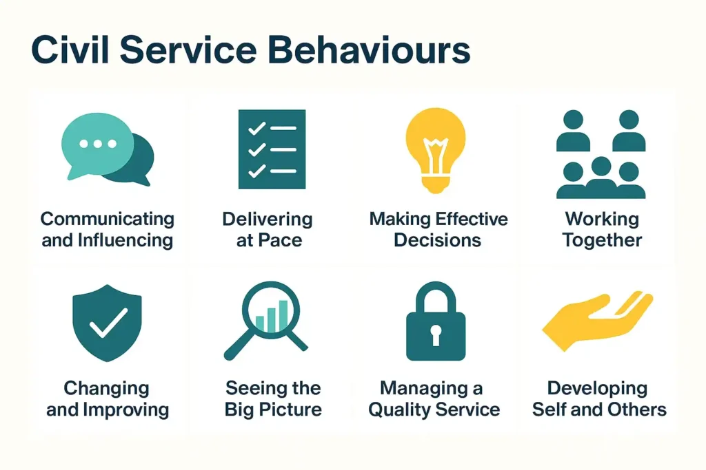 Illustration of Civil Service online test types including verbal, numerical, judgement and strengths.