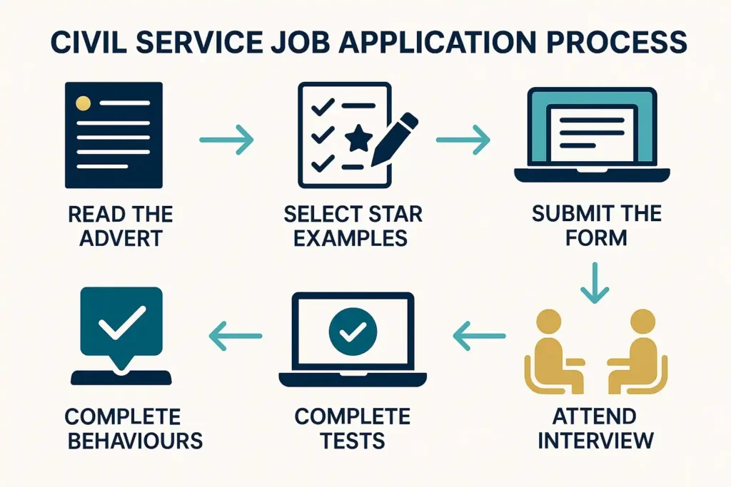 Infographic summarising the Civil Service job application steps from advert to interview in a clean, modern layout.