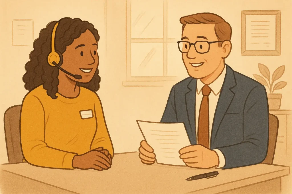 Interview scene with a customer service candidate speaking confidently with an interviewer.