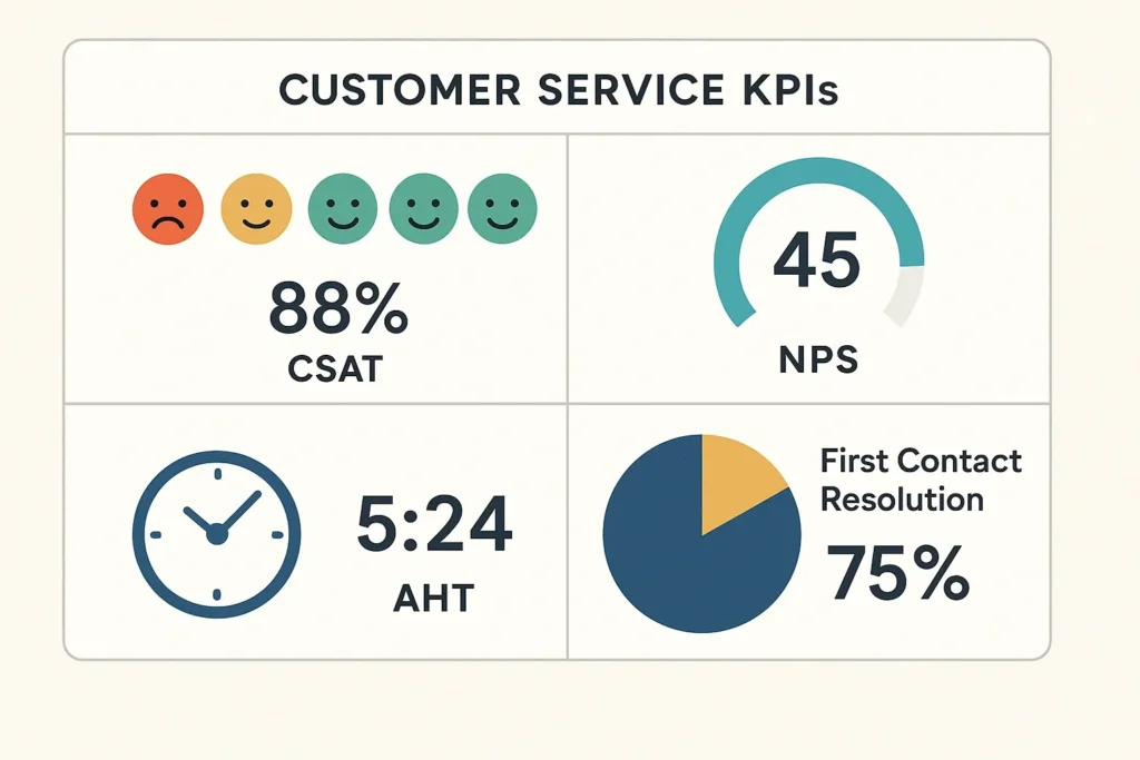 Illustrated dashboard displaying KPIs such as CSAT, NPS, AHT and FCR.