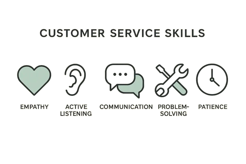 Icons representing customer service skills like empathy, active listening and communication.