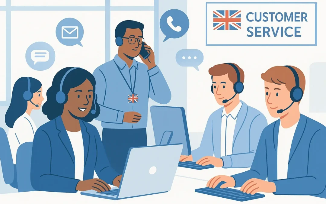 Customer service advisors helping customers across phone, chat and email in a UK contact centre.