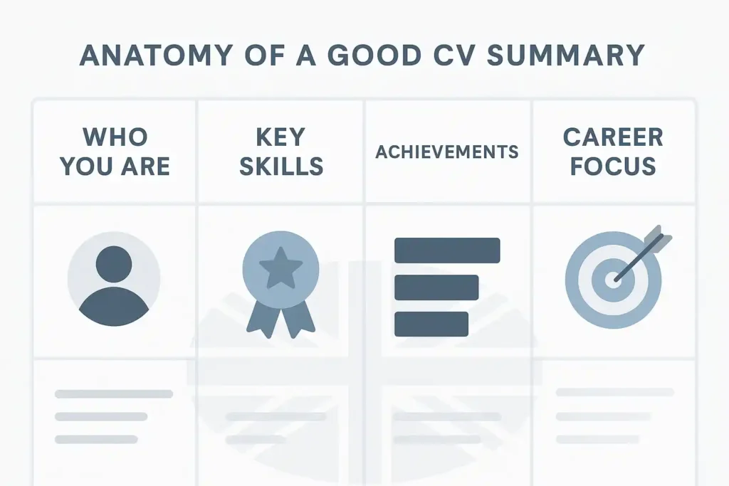 CV summary section broken into four key parts.