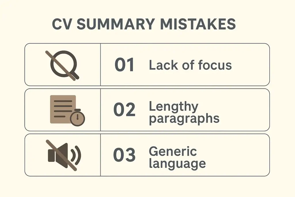 Checklist of common CV summary writing errors.