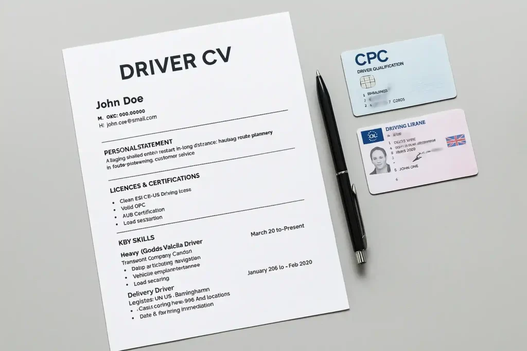 Printed UK driver CV with tachograph card and driving licence on desk
