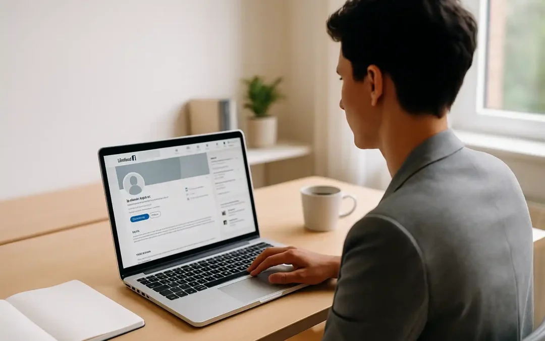 Confident professional reviewing LinkedIn profile in bright modern home office – Brendan Hope CV Writing UK 2025