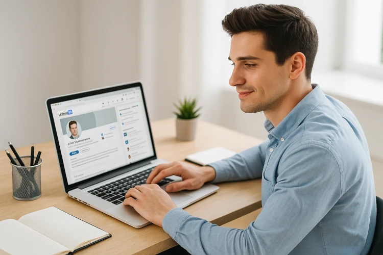 Sales professional updating LinkedIn profile for a UK sales representative role.