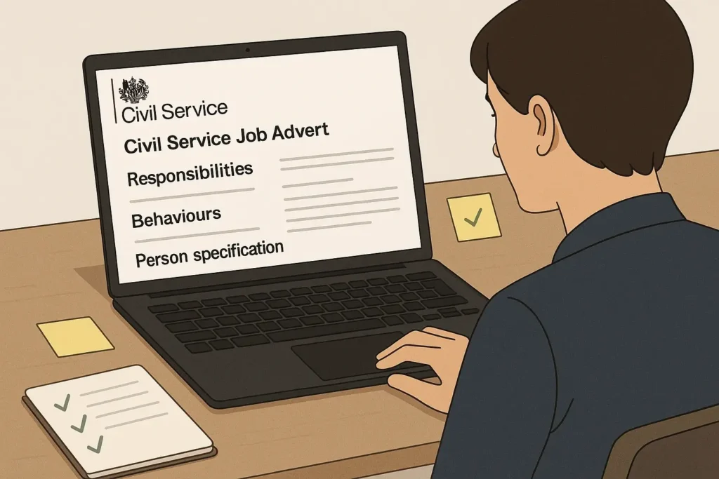 Candidate analysing a civil service job advert and person specification on a laptop