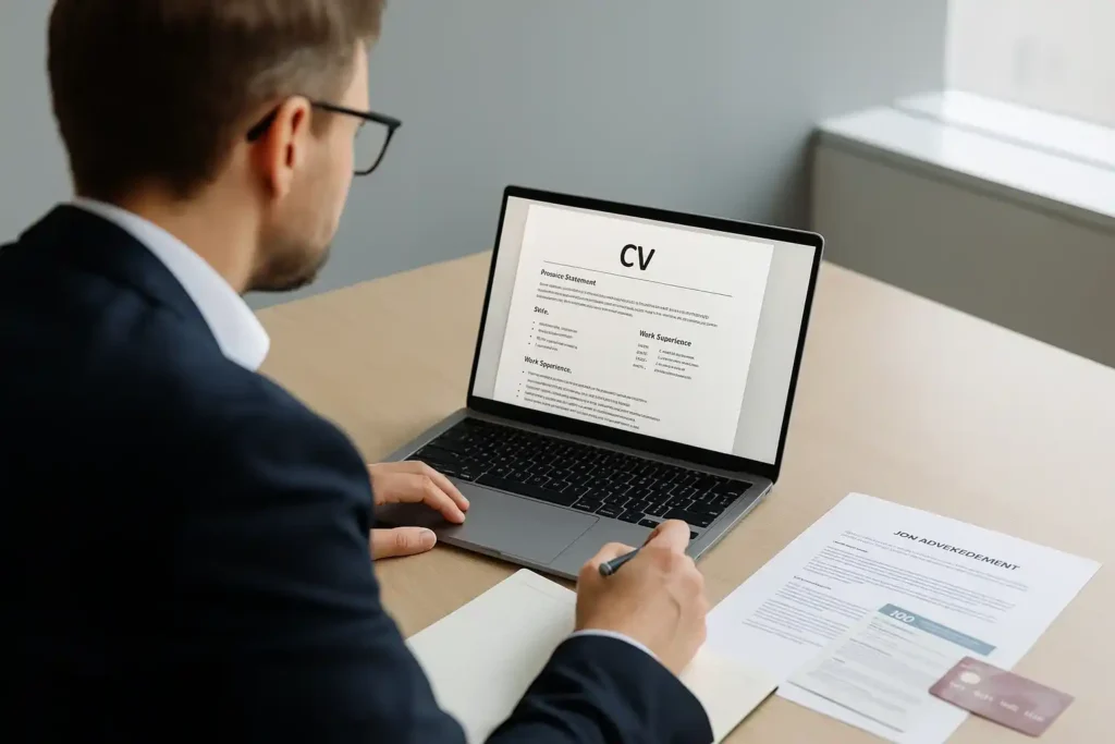 UK recruiter reading driver CV on laptop at desk