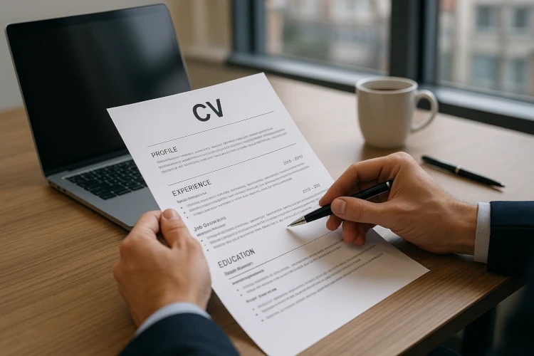 Recruiter reviewing a professional sales representative CV in a UK office.