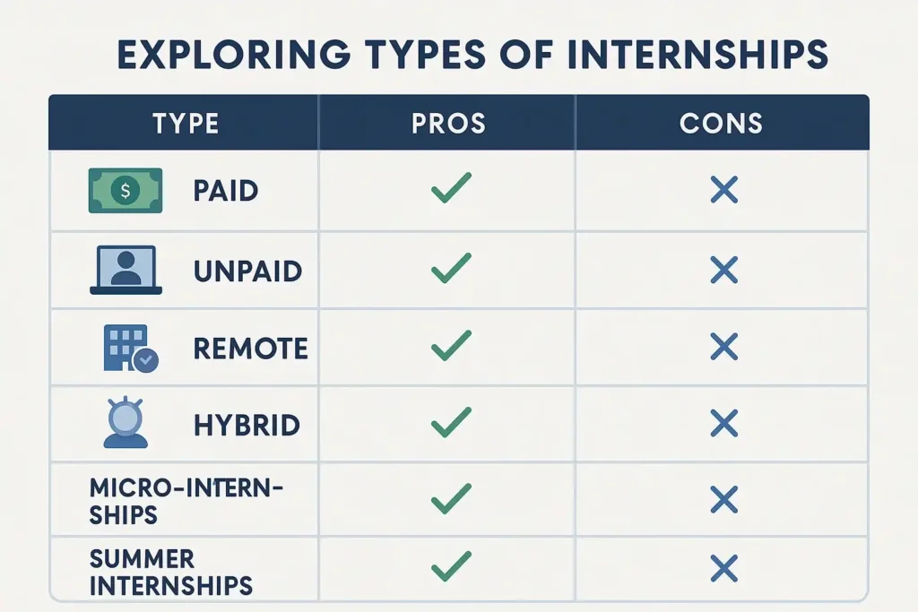 Infographic comparing paid, unpaid, remote, and hybrid internships