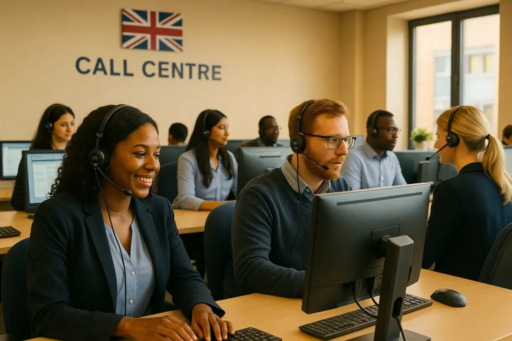 Customer service agents in a busy UK contact centre helping customers with queries