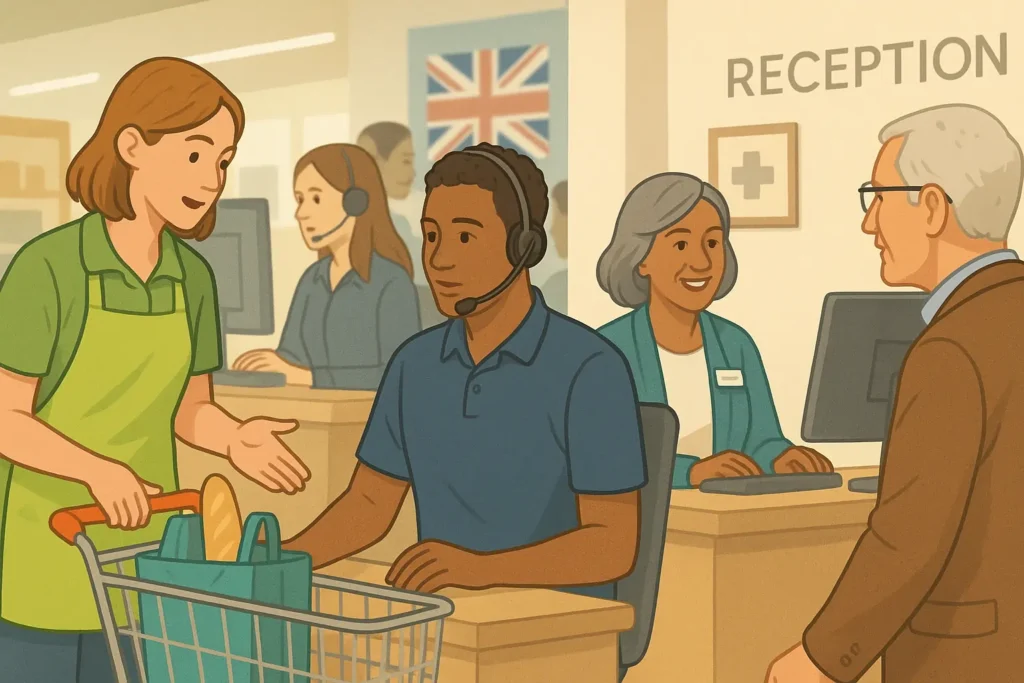 Illustration of UK customer service scenes including retail, call centres and GP reception.