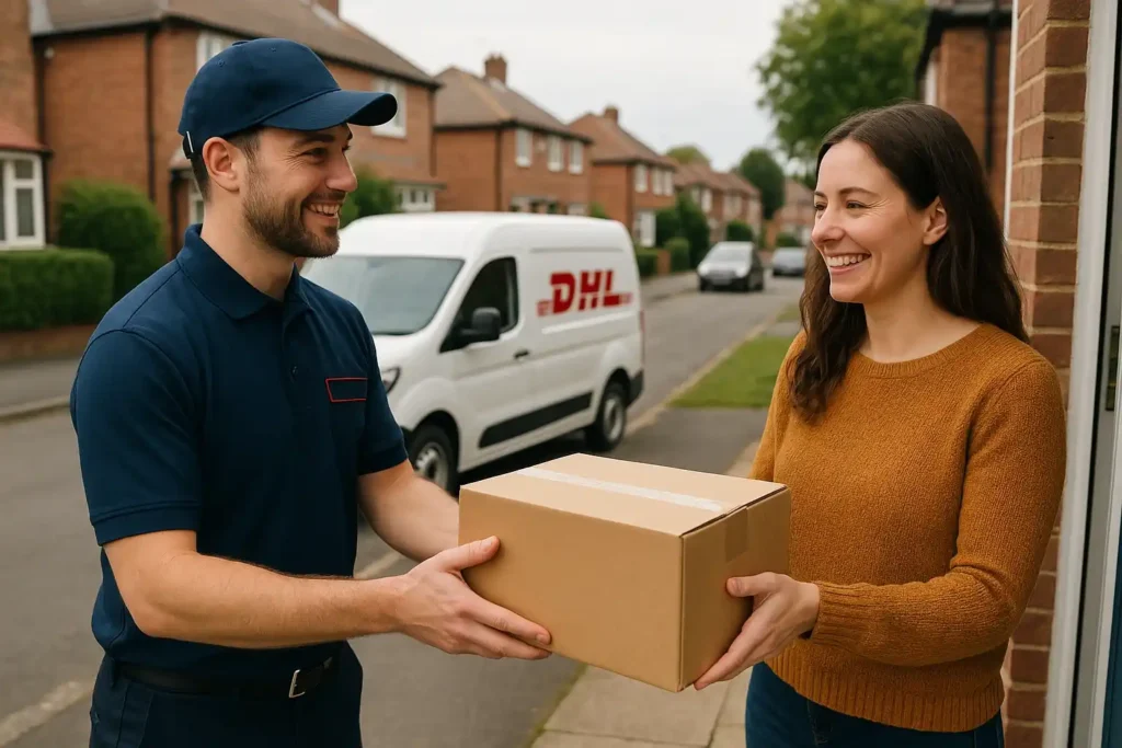UK delivery driver handing parcel to customer outside home