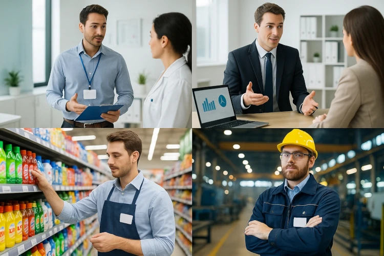 Montage showing UK sales representatives working in medical, technology, FMCG, and industrial sectors