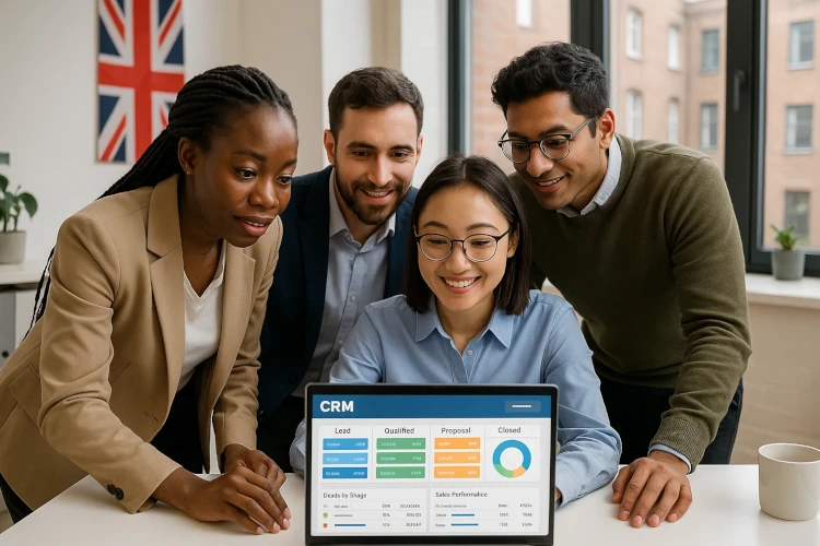 Sales representatives in a UK office working together over CRM data and discussing client strategy.