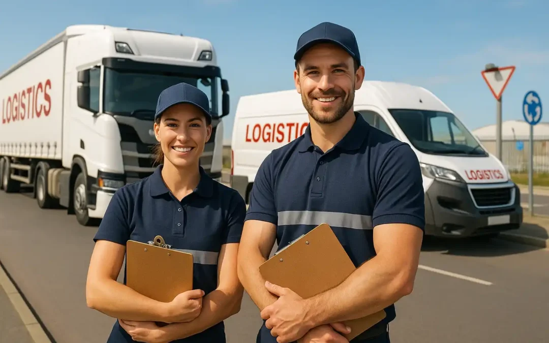 Professional UK HGV and delivery drivers standing in front of truck and van
