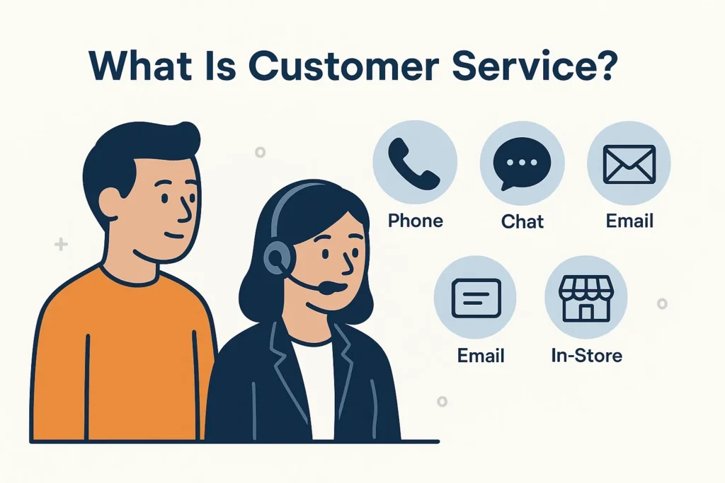 Infographic showing customer service channels such as phone, chat, email and in-store help.